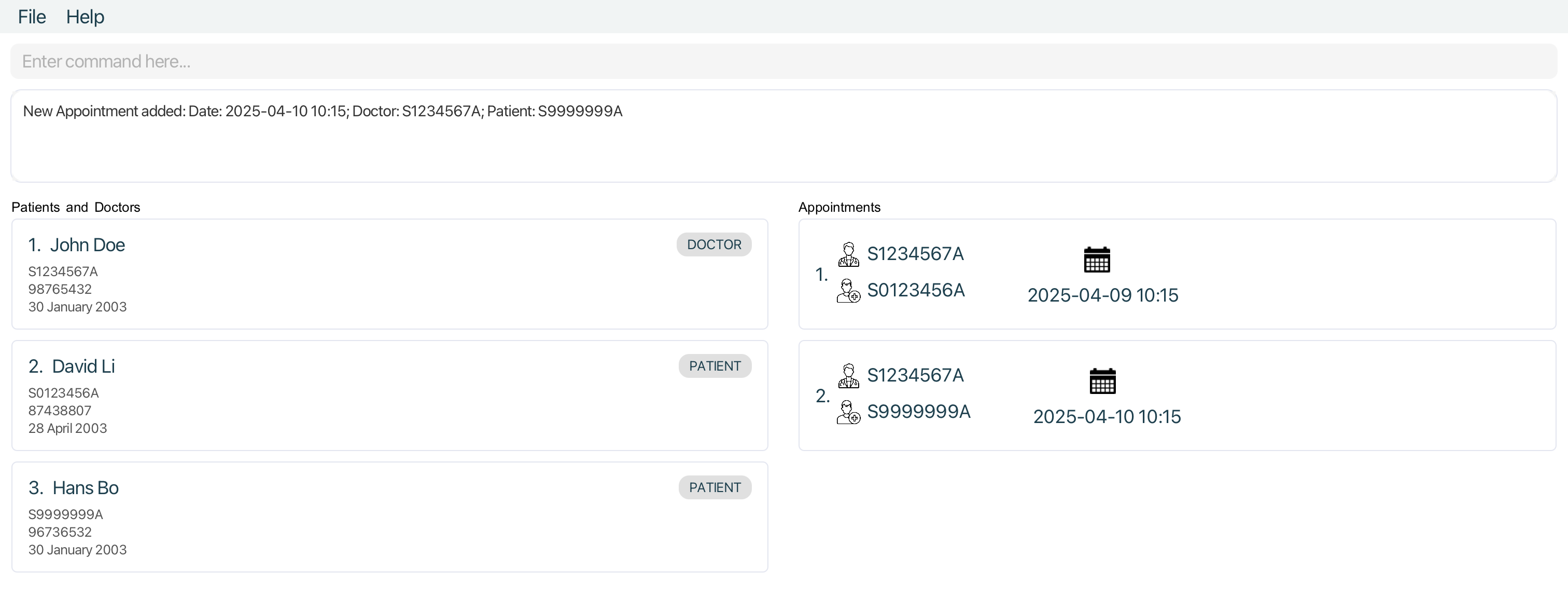 result for 'apptforpatient S0123456A'